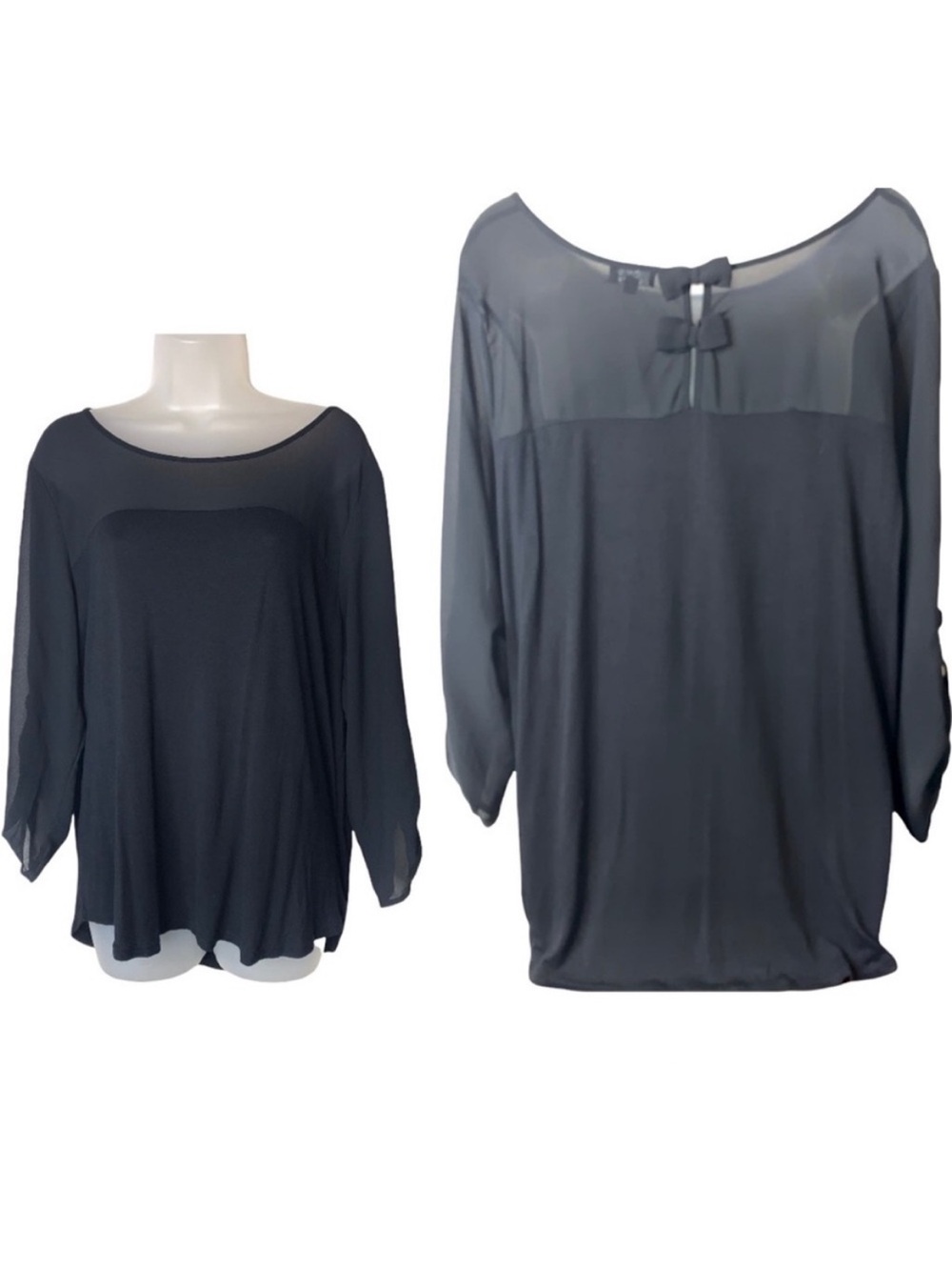 Zenobia Long Sleeve Mesh Trim Bow Back Top Blouse Black 2XL Office Whimsigoth
